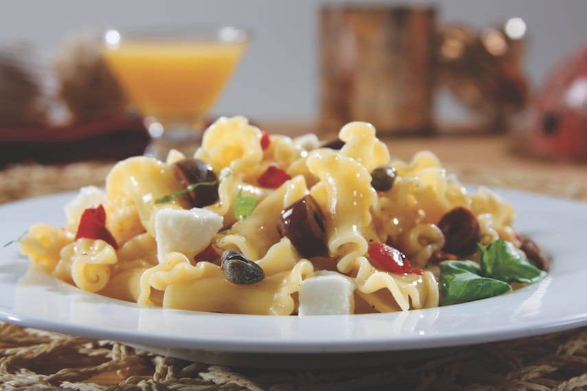 Campanelle Salad with Roasted Peppers, Olives & Mozzarella