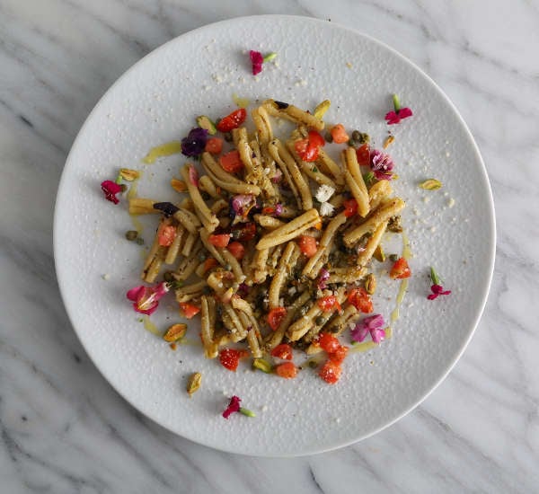 Casarecce Pesto Pasta Salad Recipe with Heirloom Tomatoes, and Edible Flowers