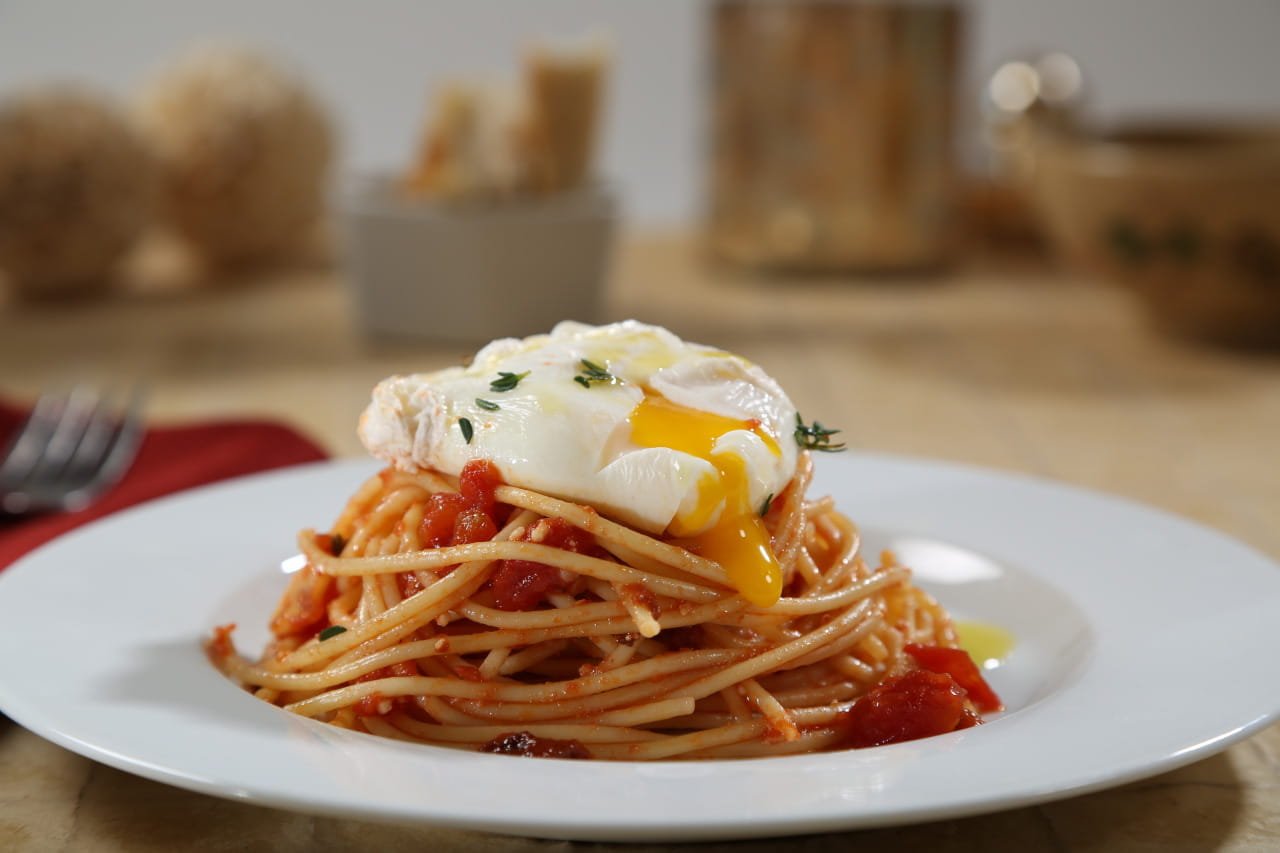 Spaghetti with Chipotle Marinara, Poached Egg and Thyme