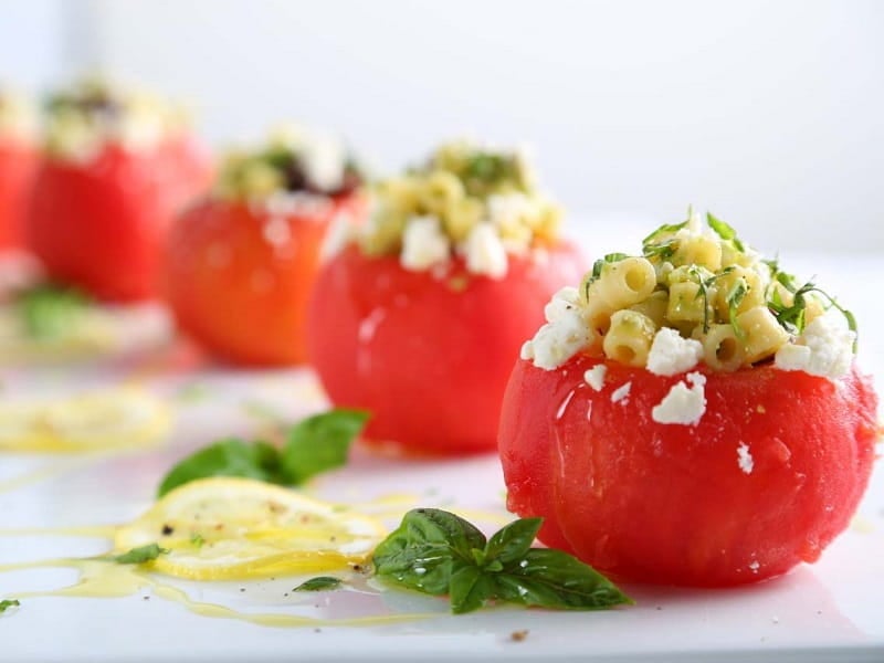 Cold Ditalini Stuffed Tomatoes with Olives and Avocado