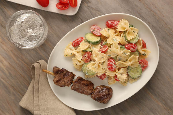 Farfalle Pasta Salad with Grilled Beef Skewers