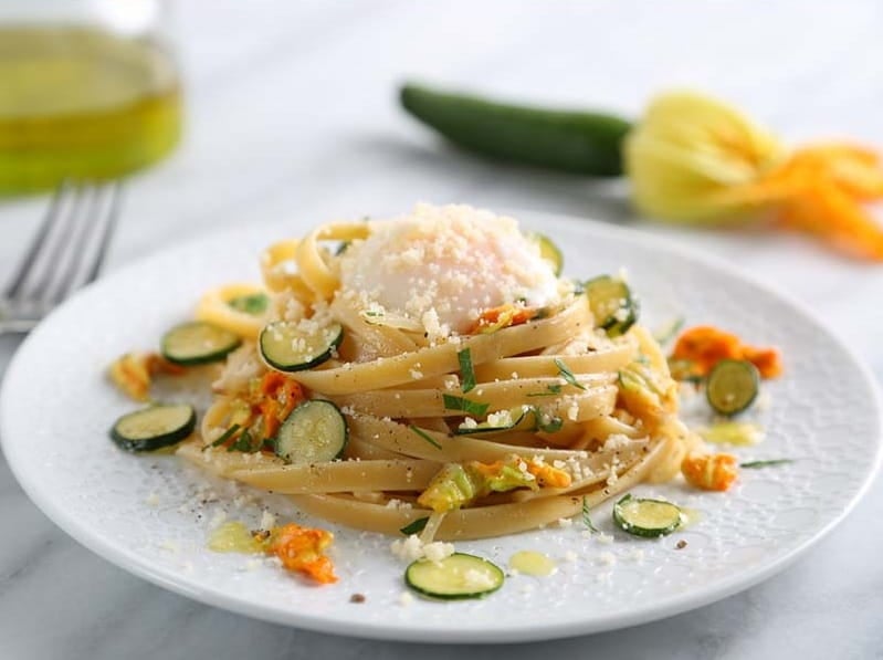 Fettuccine with Zucchini Blossoms, Poached Egg & Parmigiano