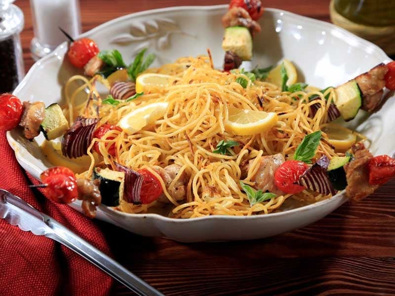 Grilled Spaghetti with Grilled Chicken & Vegetable Skewer
