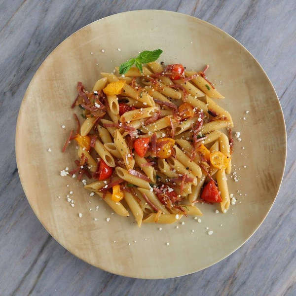 Penne with Prosciutto, Cherry Tomatoes, Romano Cheese & Mint