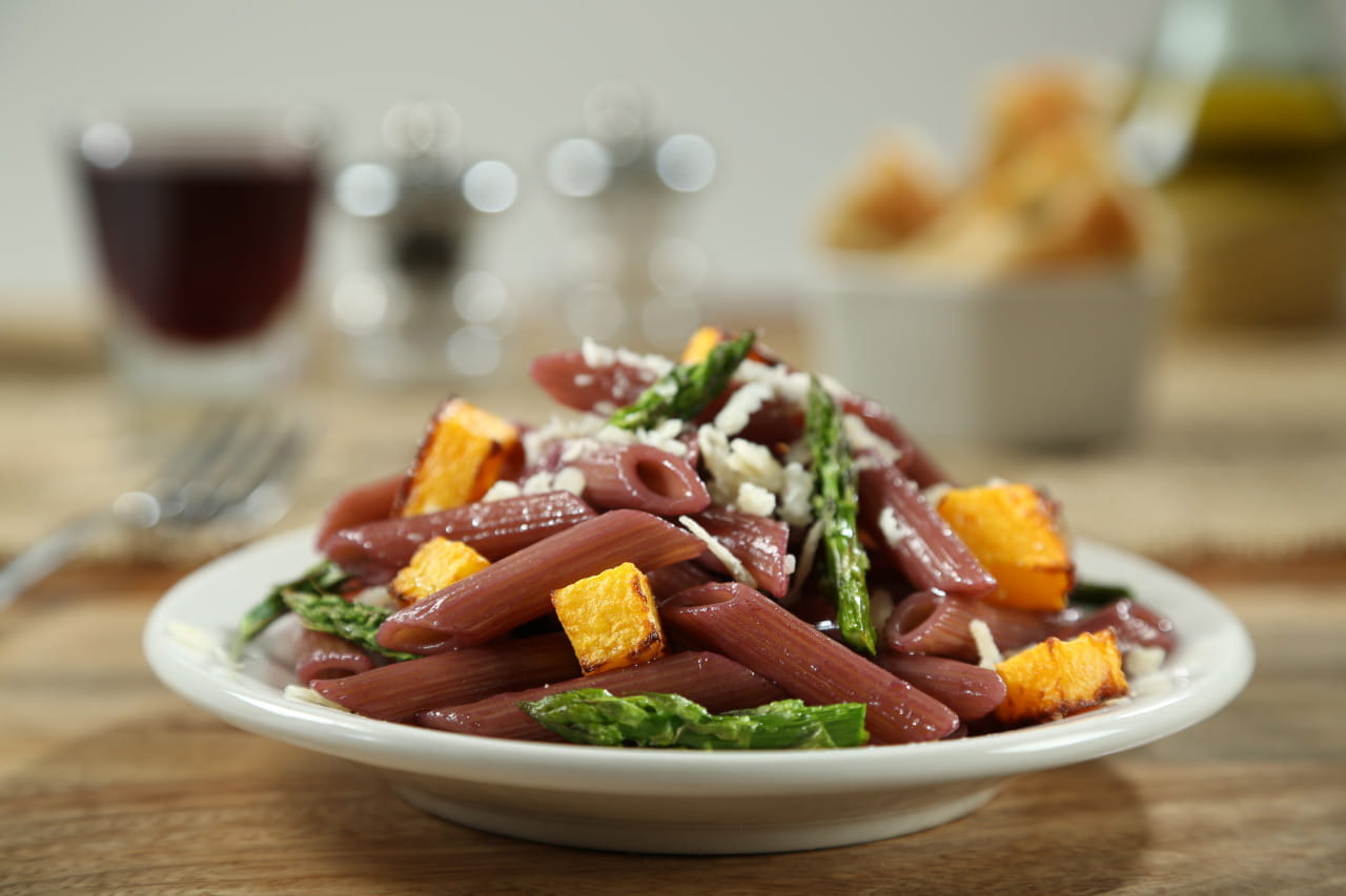 Penne with Red Wine Reduction, Butternut Squash & Asparagus