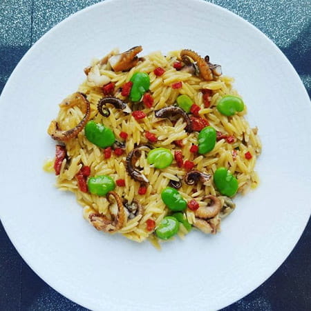 Risotto-style Orzo with Spanish Octopus, Fava Beans & Chorizo