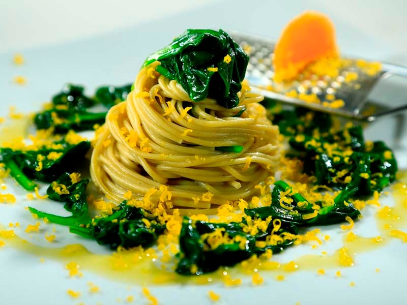 Spaghetti with Baby Spinach and Cured Egg Yolk