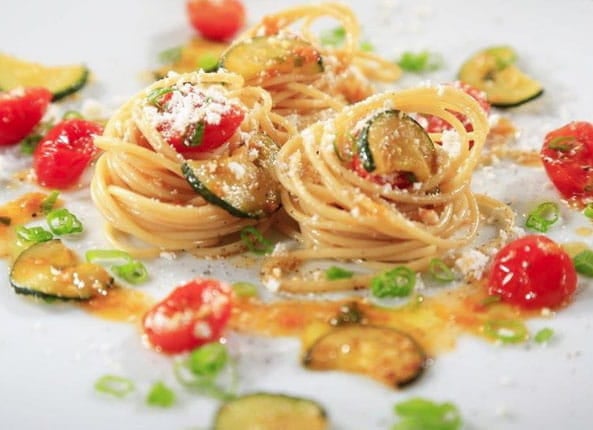 Thin Spaghetti with Zucchini, Grape Tomatoes & Spring Onions