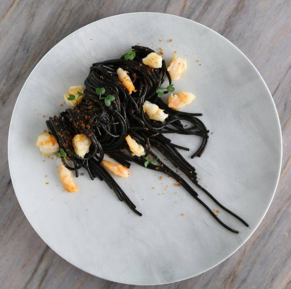 Thick Spaghetti & Bottarga Recipe with Shrimp and Squid Ink