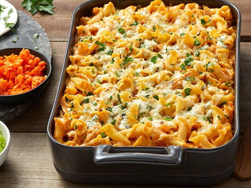 Campanelle pasta with buffalo chicken and blue cheese pasta bake recipe