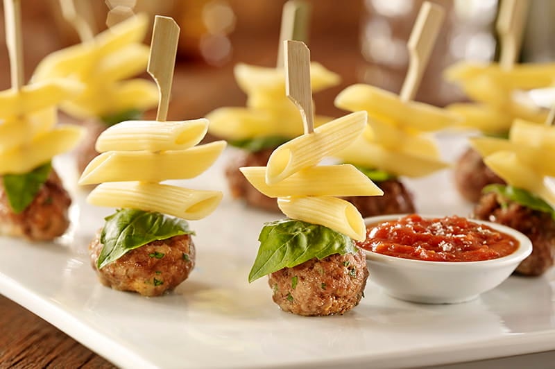 Barilla penne with meatball skewers