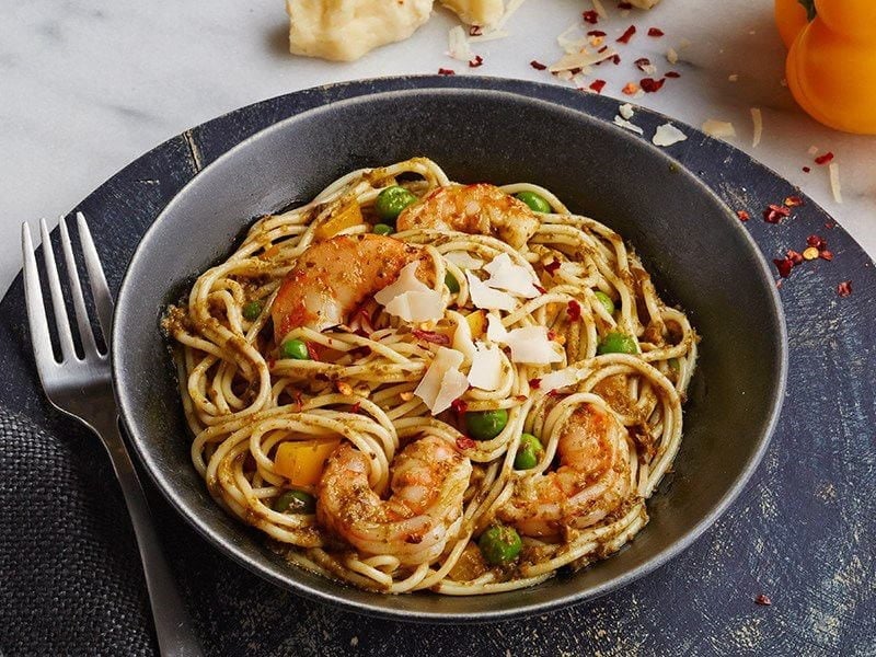 Barilla pasta bowl recipe with pesto pepper shrimp