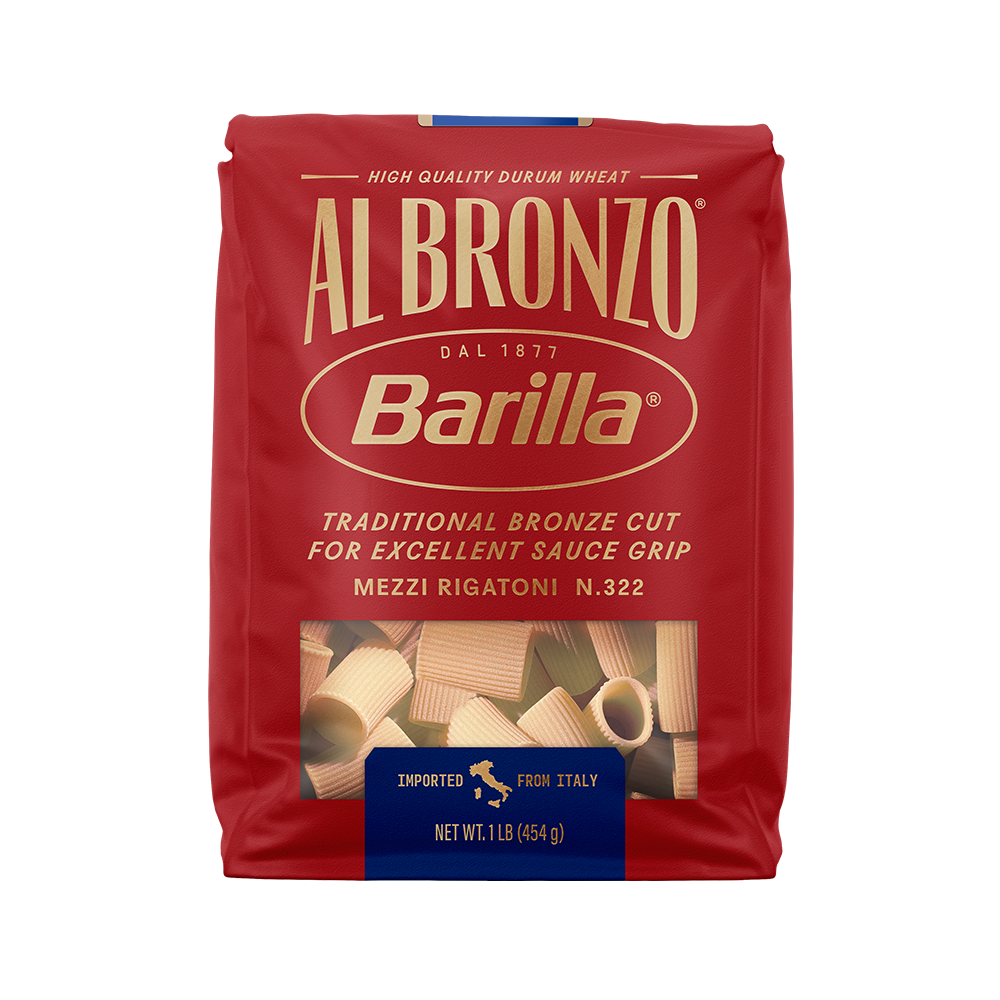Package of Barilla Al Bronzo Mezzi Rigatoni Pasta