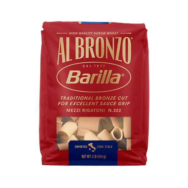 Package of Barilla Al Bronzo Mezzi Rigatoni Pasta