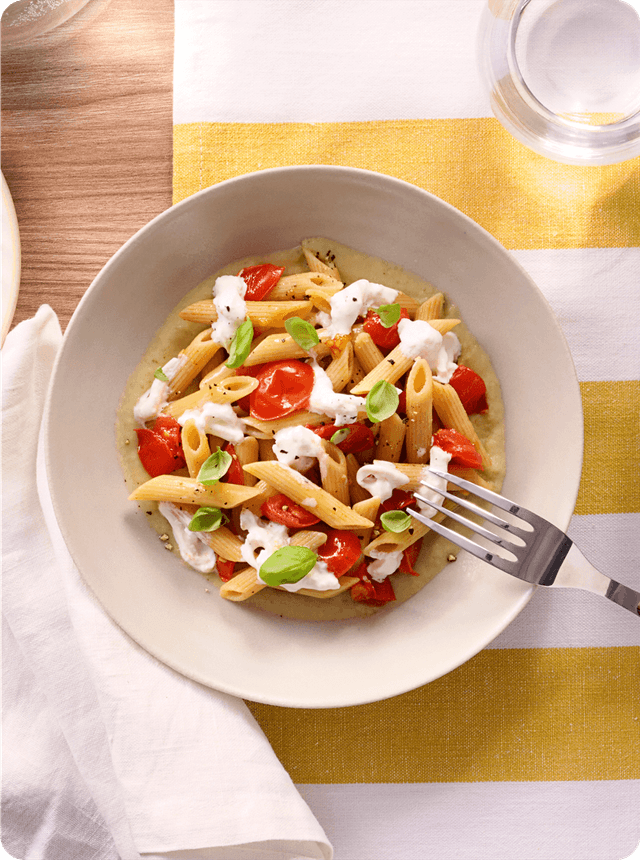 Barilla - Al Bronzo - PENNE RIGATE AUX TOMATES CERISES, CRÈME D'AUBERGINE ET BURRATA