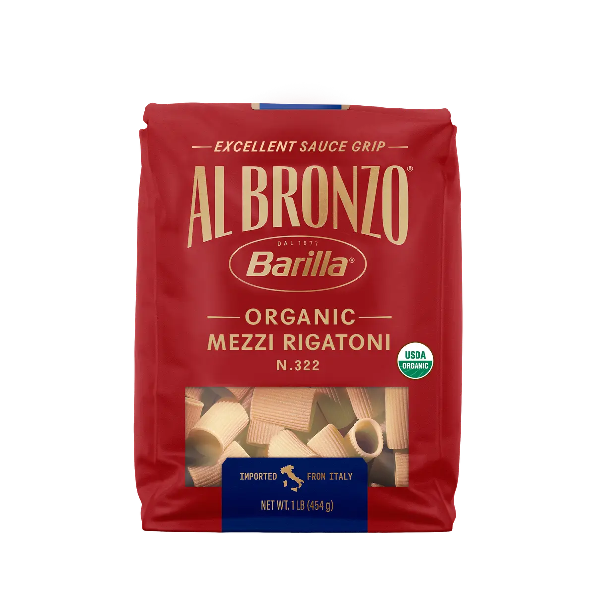 Package of Barilla Al Bronzo Mezzi Rigatoni Pasta