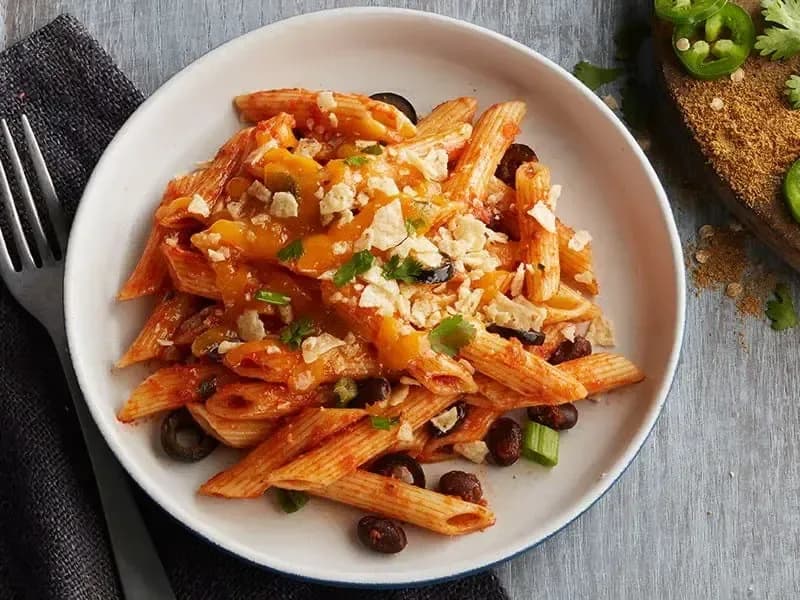 Vegetarian Enchilida Pasta Bake with Barilla® Penne Pasta and Traditional Tomato Sauce Recipe