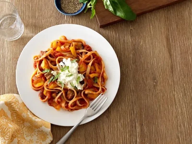 Barilla® Fettuccine with a Stewed Eggplant Sauce, Dollops of Ricotta & Parmigiano Cheese Recipe | US_PROD-68001636-5d78-4323-bbca-5e0817033aac