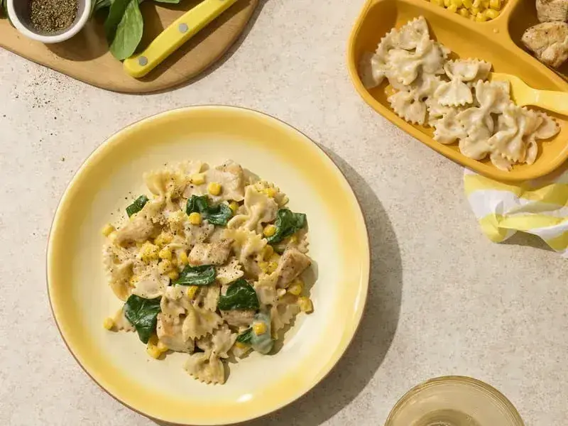 Barilla® Protein+® Farfalle Pasta with Alfredo Sauce, Chicken, Spinach and Corn Recipe