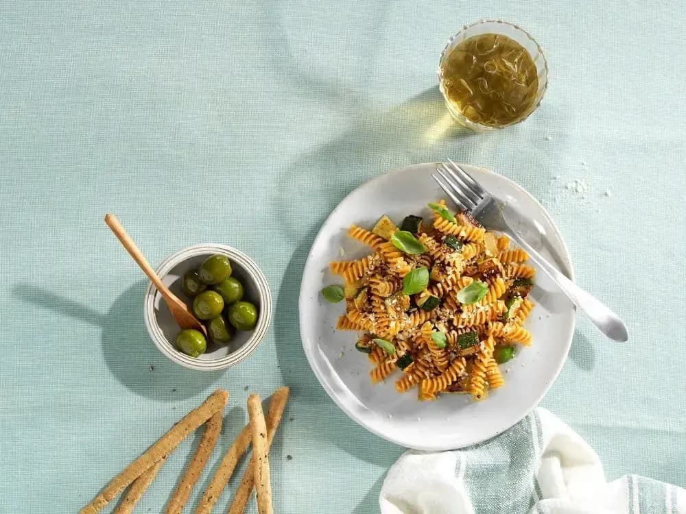 Barilla® Chickpea Rotini Pasta with Roasted Zucchini and Onion Recipe | US_PROD-402a0a5d-e29e-489d-8c29-a6997295cfcd