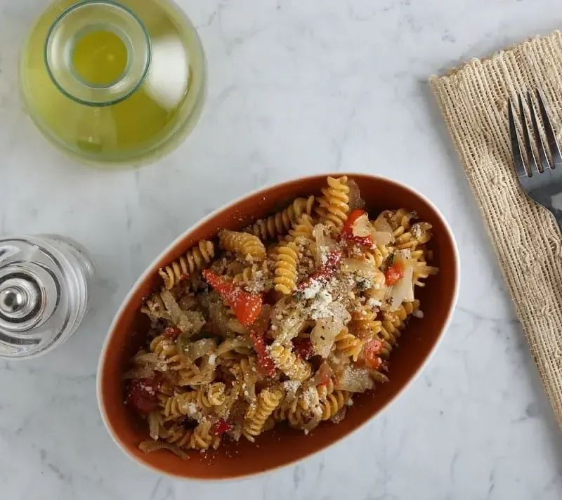 Barilla® Chickpea Rotini Pasta with Caramelized Onions, Roasted Peppers, Capers and Thyme Recipe | US_PROD-c45588e2-f1b3-454a-a615-b1e0961a055b