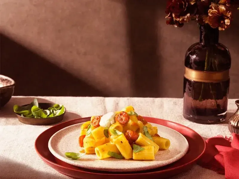 Barilla® Al Bronzo® Mezzi Rigatoni Pasta with Cherry Tomatoes, Fresh Basil and Burrata Cheese Recipe | US_PROD-a52a46bd-0998-405b-9587-fdf9d5d9cdde