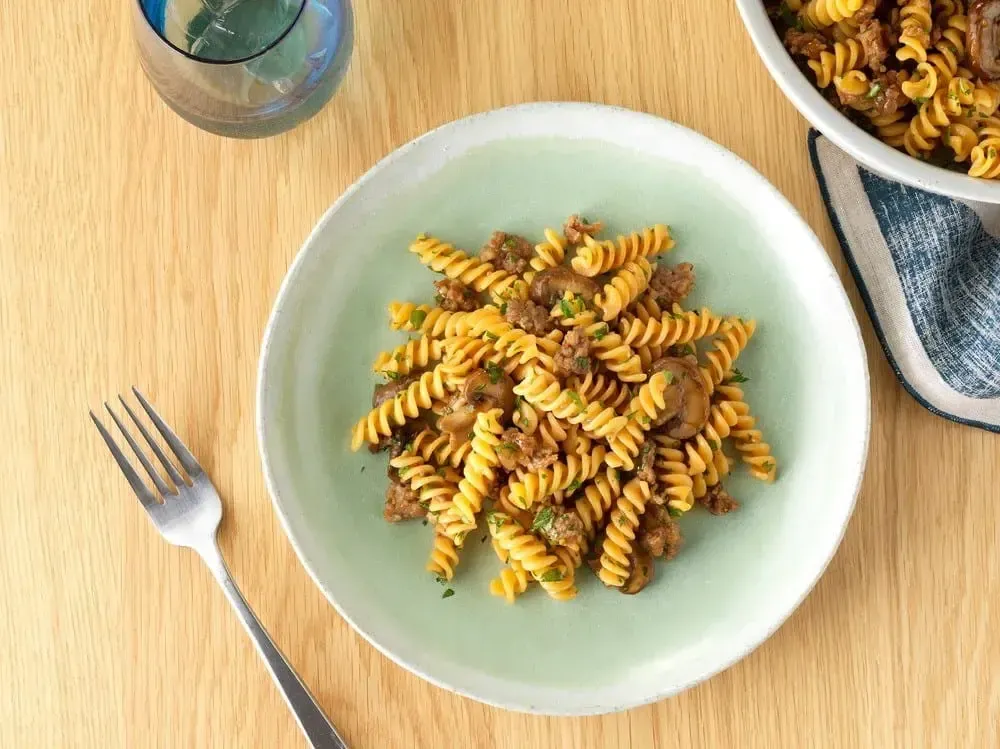 Barilla® Chickpea Rotini Pasta with Spicy Italian Sausage and Mushroom Ragout Recipe | US_PROD-489da2ca-4425-4801-a0a6-85369214d459
