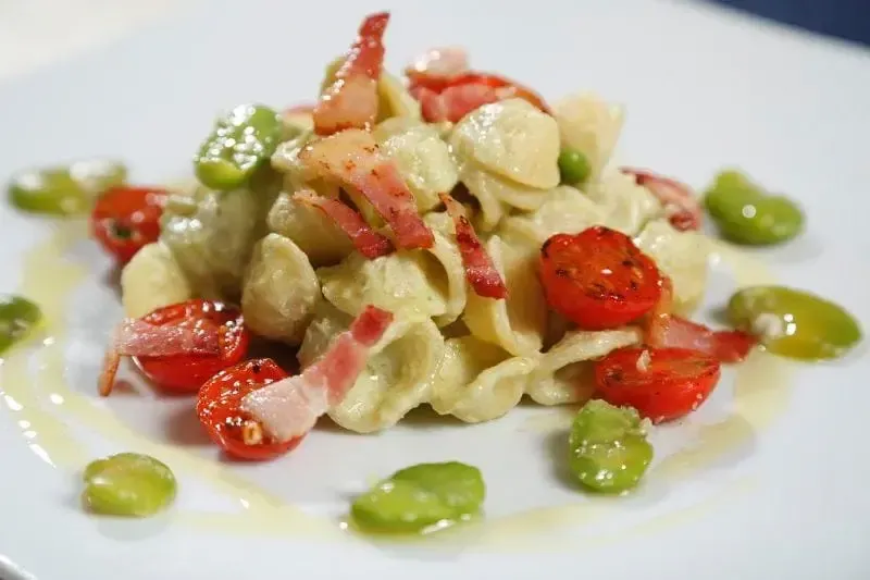 Barilla® Al Bronzo® Orecchiette Pasta with Fava Beans, Basil Pesto, Bacon and Cherry Tomatoes Recipe | US_PROD-02efae4a-8a8a-4d75-a7c6-96a85b81be3a