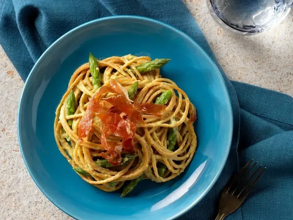 Barilla® Red Lentil Spaghetti with Creamy Veggie Sauce and Prosciutto Recipe | US_PROD-5ec6327c-920f-4a93-9aac-b2a5b5a26118