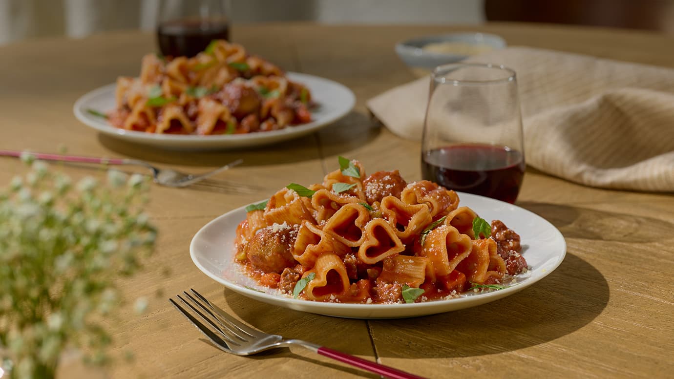 Barilla® Heart Pasta with Bolognese and Meatballs Recipe | US_PROD-B5ZDuGS1Oyj9J1QswLB7q