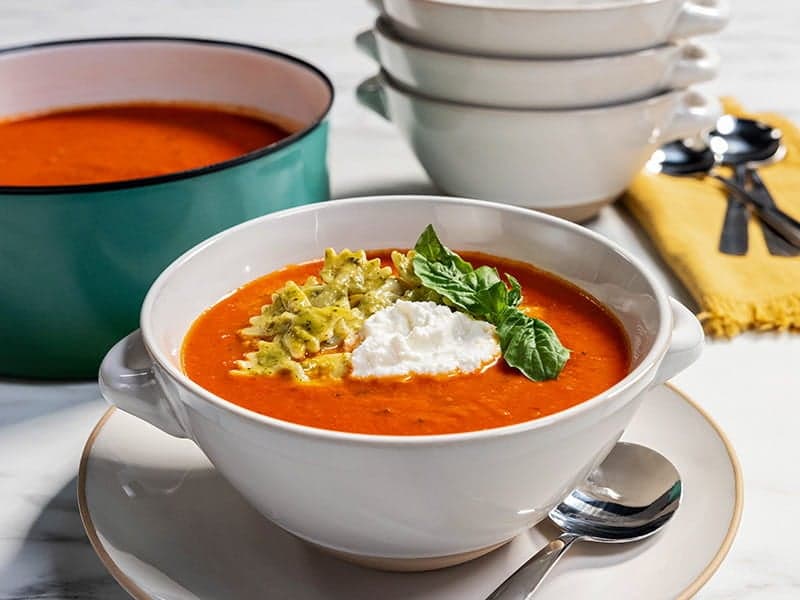 Tomato Soup with Mini Farfalle Tossed in Pesto and ricotta cheese