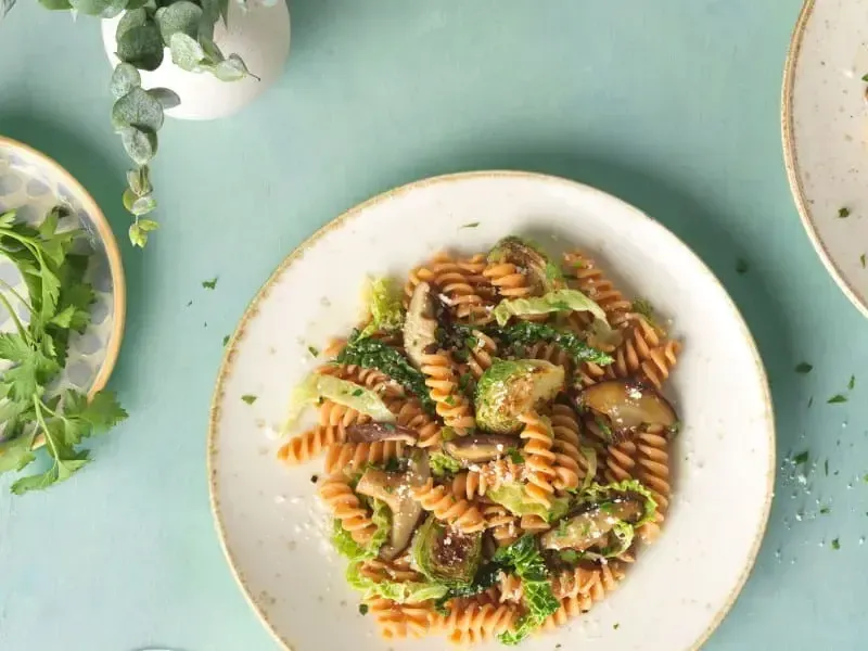Barilla® Red Lentil Rotini Pasta with Sautéed Brussel Sprouts and Shitake Mushrooms Recipe | US_PROD-66878f1f-93ff-4470-8a01-ced5140ac886