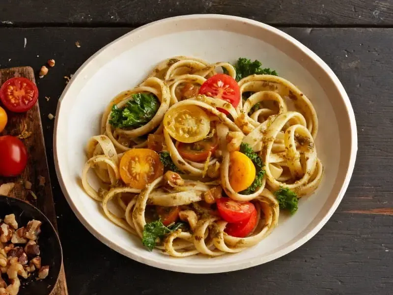 Fettuccine with Kale, Barilla® Rustic Basil Pesto and Heirloom Tomatoes Recipe | US_PROD-ea94fe90-0003-489b-b41c-7bb7147325d7