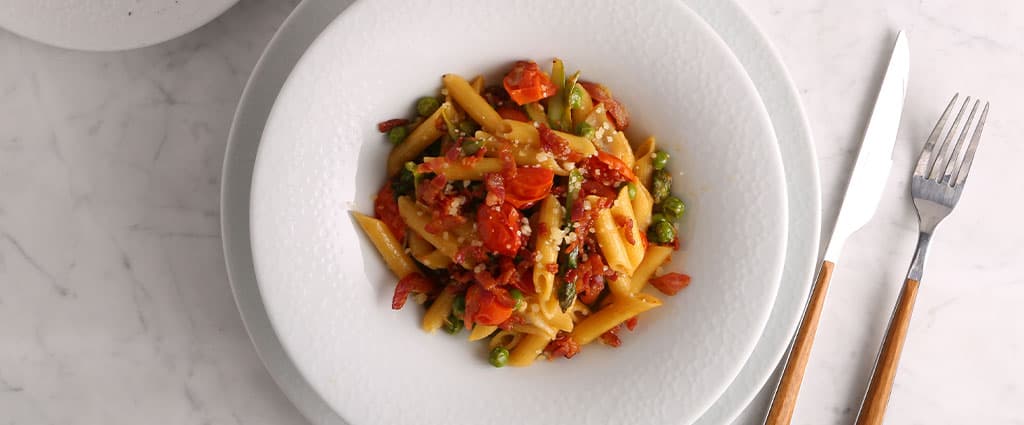 Barilla® Penne Primavera Pasta with Crispy Pancetta Recipe | US_PROD-1pJVBu3ZlReN9XmZL0LrG8