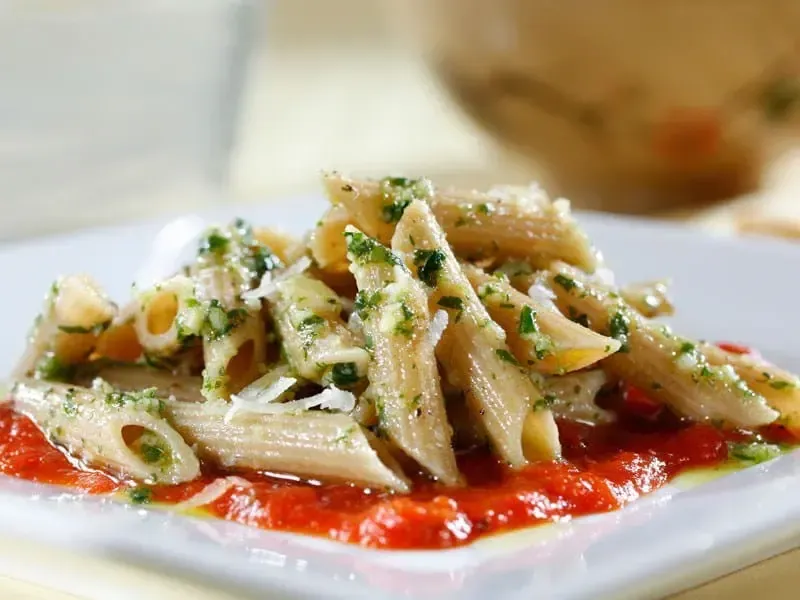 Whole Grain Penne Pasta with Arugula, Pesto and Barilla® Marinara Sauce Recipe | US_PROD-13b8b8d0-f896-4cc1-8f5a-b2a076e20248