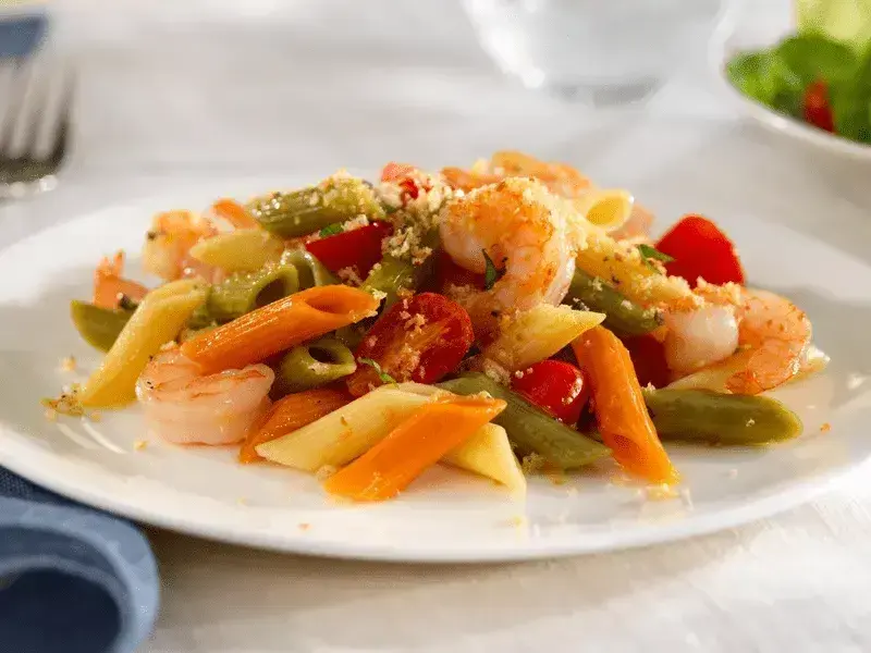 Barilla® Tri-Color Penne Pasta Salad with Shrimp, Grape Tomatoes and Basil Bread Crumbs Recipe | US_PROD-48212313-561a-445f-b563-73098aacaa1d