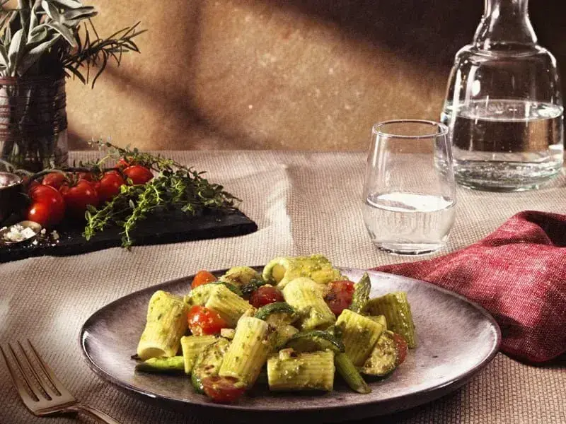 Barilla® Al Bronzo® Mezzi Rigatoni Pasta with Pesto and Roasted Vegetables Recipe | US_PROD-7b5ad427-5b12-4b5d-988c-b8f8aab8b5a7