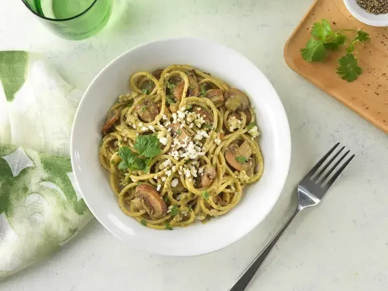 Thick Spaghetti with Barilla® Creamy Genovese Pesto, Mushrooms and Queso Cheese Recipe | US_PROD-05dc016d-76f3-4be4-b51c-4839898fe460