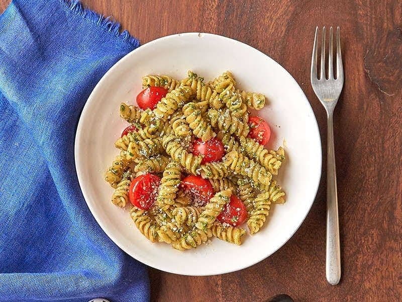 Barilla® Protein+® Rotini Pasta with Green Pesto and Plum Tomatoes Recipe | US_PROD-c69c1919-47e2-4b2f-bce9-e0eb7a59660d