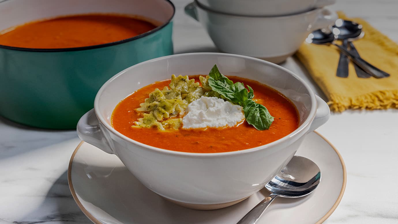 Barilla® Tomato Soup with Mini Farfalle Pasta Tossed in Pesto Recipe | US_PROD-4AhCOG6Rqts9DMwLdvs2Q7