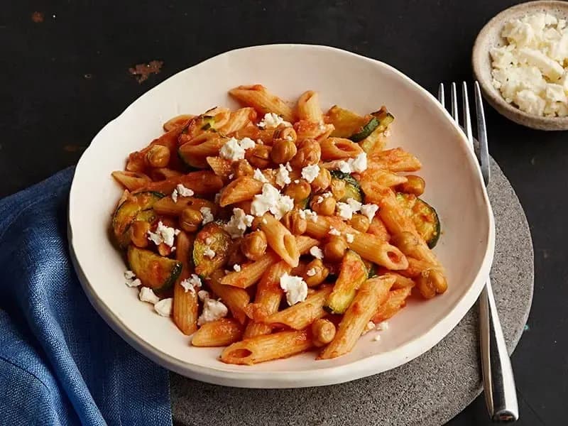 Zucchini and Chickpea Mediterranean Pasta with Barilla® Roasted Garlic Tomato Sauce Recipe | US_PROD-a6f5697e-d659-44a5-9909-b30d1f38c1bd