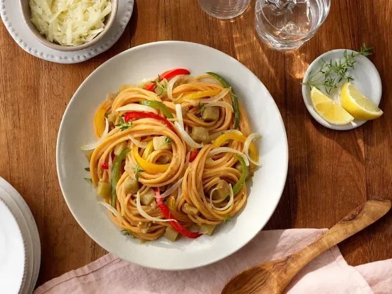 Barilla® Red Lentil Spaghetti with Tender Bell Peppers and Eggplant Stew Recipe | US_PROD-01e5ae84-5200-4fbb-84ce-97bd7d7466c6