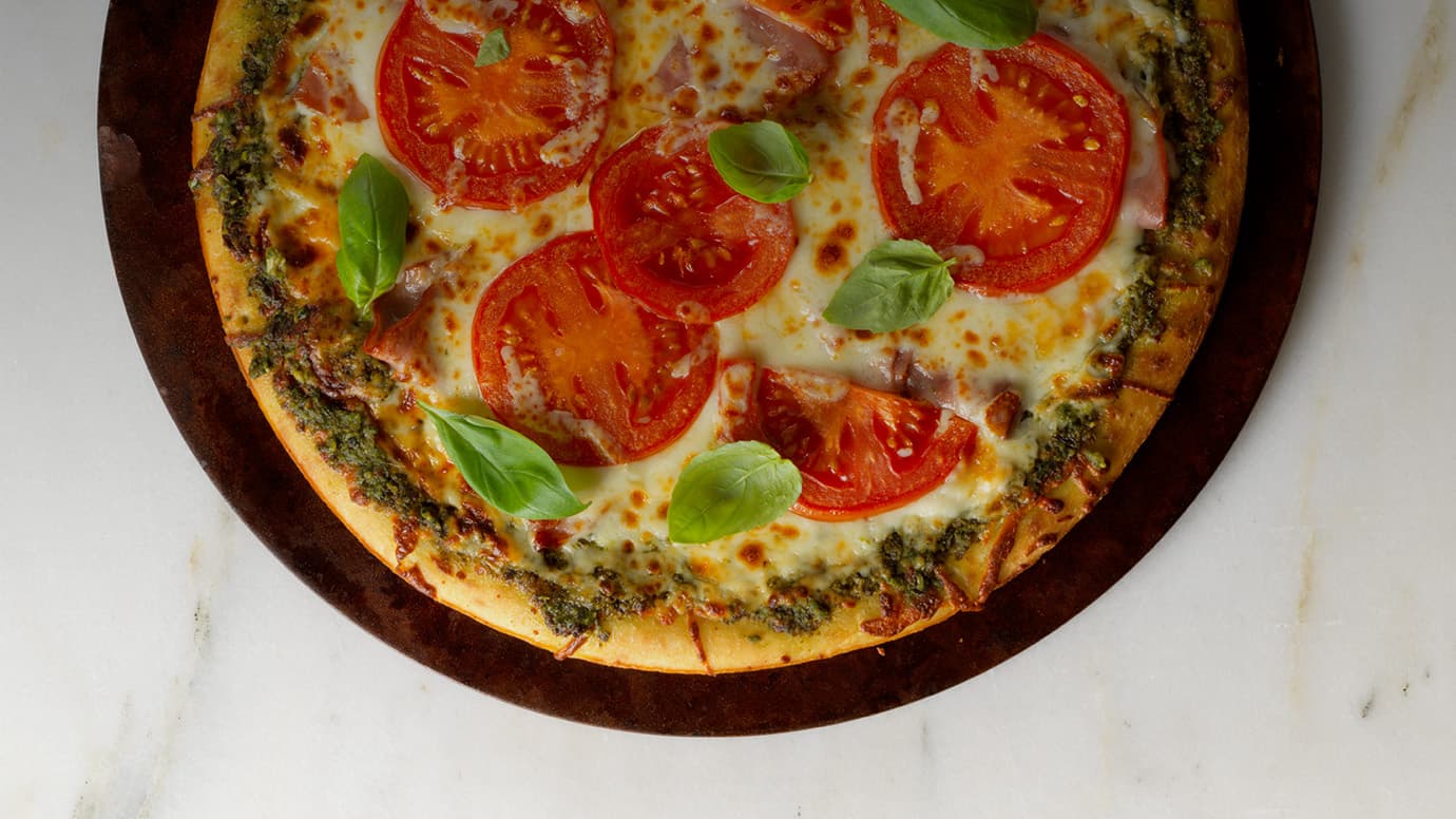 Barilla Rustic Basil Pesto Ham Pizza with Mozzarella Cheese Tomatoes Basil | US_PROD-4ZhEJIPmfanCeCsds1vJ6F