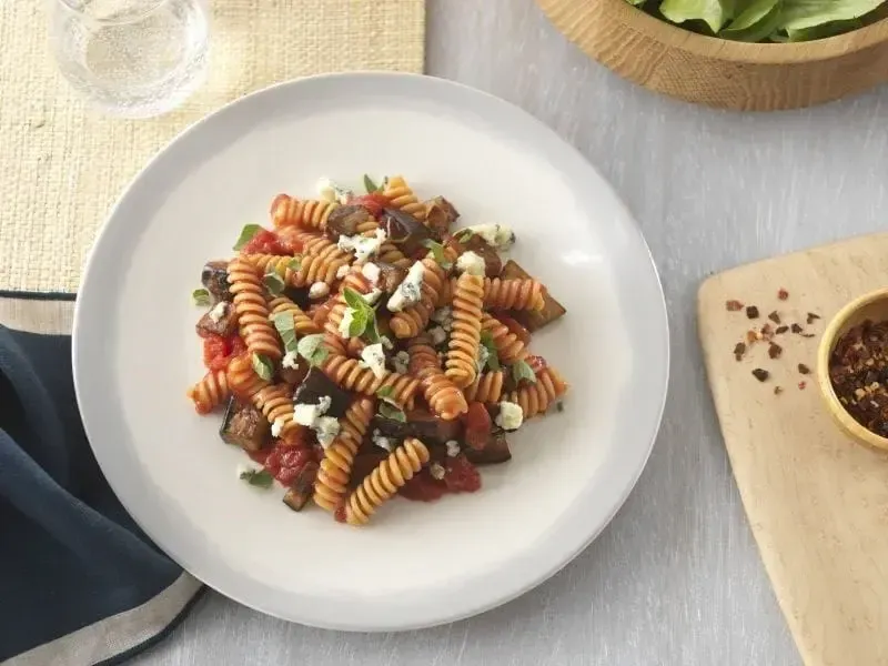 Barilla® Chickpea Rotini Pasta with a Spicy Tomato and Eggplant Sauce, Fresh Oregano and Gorgonzola Cheese Recipe | US_PROD-33559b25-2326-4058-9d00-efd65173e1f2