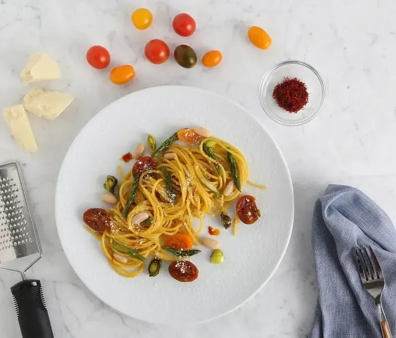 Barilla® Spaghetti with Leeks, Cherry Tomatoes, Asparagus and Cannellini Beans Recipe | US_PROD-ef2f80f0-09db-4545-ac8a-78bb0d2c8529