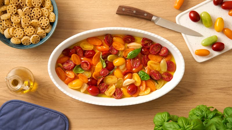 Step 1 Barilla Gran Ruote con Tomates Cherry Heirloom Asados y Burrata