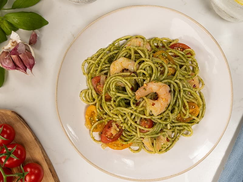 Spaghetti with Spicy Shrimp and Barilla® Creamy Genovese Pesto Recipe | US_PROD-6caa6927-f0ce-4b2f-ba14-97a0698634a6