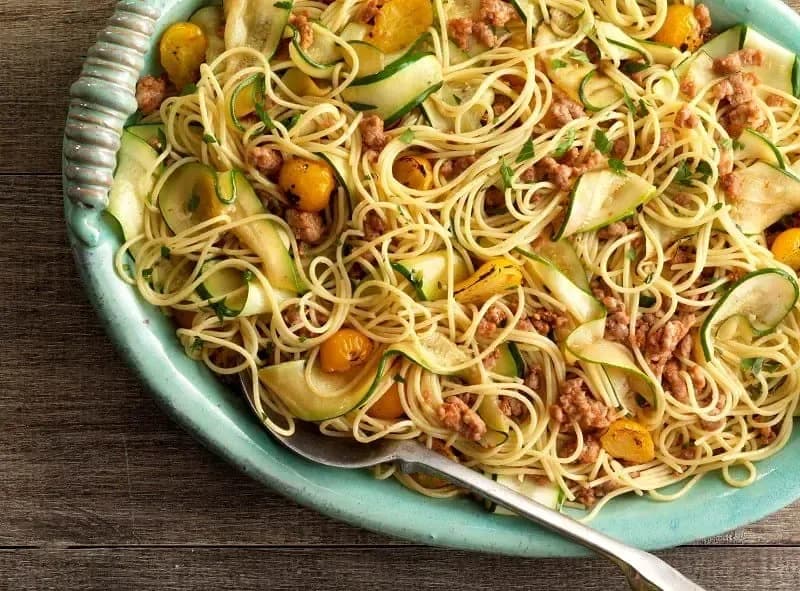 Barilla® Spaghetti with Italian Sausage and Zucchini Ribbons Recipe | US_PROD-fc3699ab-afd0-4bcb-9656-f742bfa80125